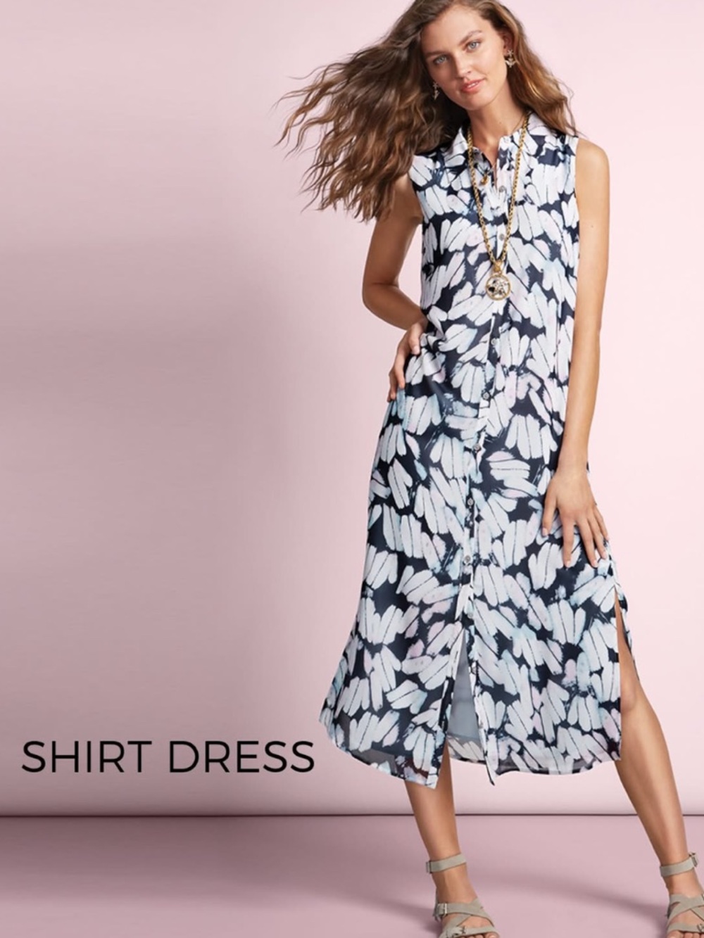 CABI Women’s Size L Blue & White Cloudy Sky Maxi Sleeveless Shirt Dress‎ #5382